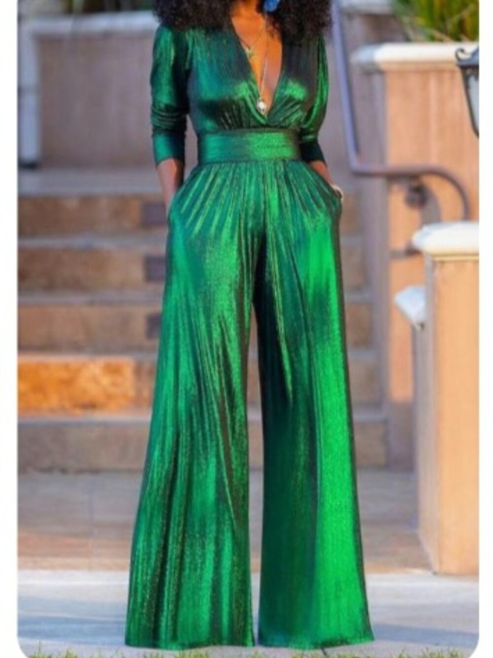 Loragal Green Metallic Wide-Leg Jumpsuit NWT Size M (8) Disco Holiday Deep V
